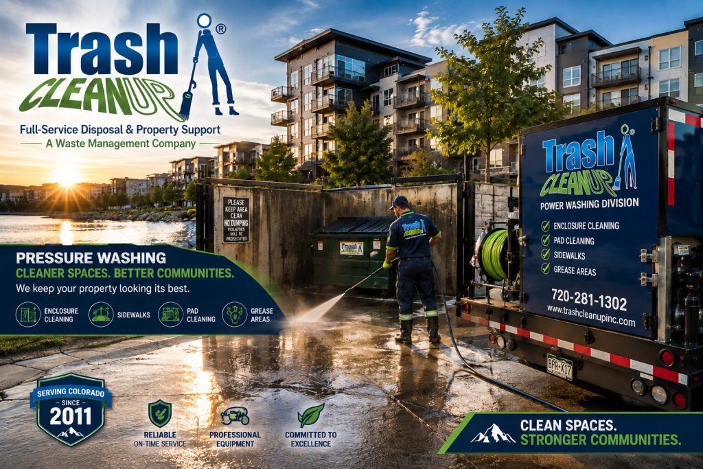 Trash Cleanup Inc. power-washing illustration showing enclosure, pad, sidewalk, and grease-area cleaning. Call 720-281-1302.