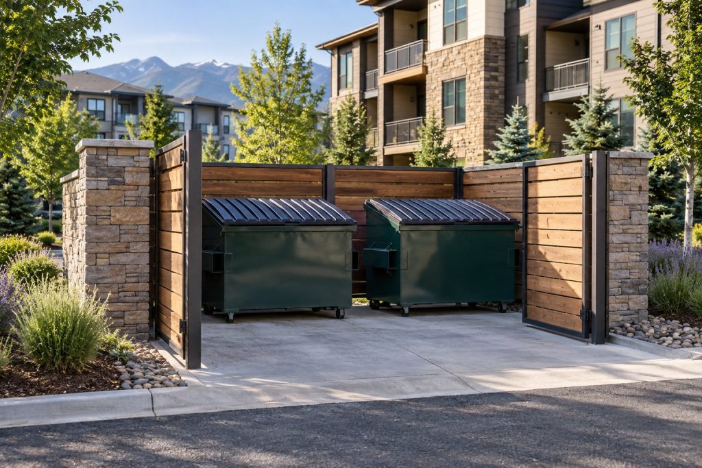 Illustration of a clean dumpster enclosure at a landscaped apartment community.