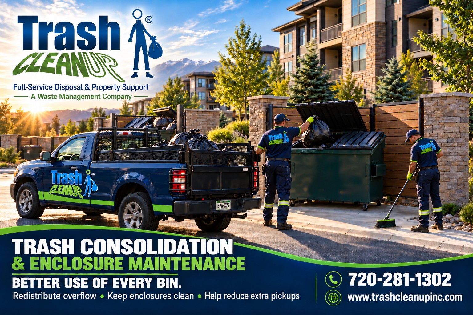 Illustration of Trash Cleanup Inc. crews using a pickup to redistribute bagged overflow between apartment-property dumpsters and sweep an enclosure.